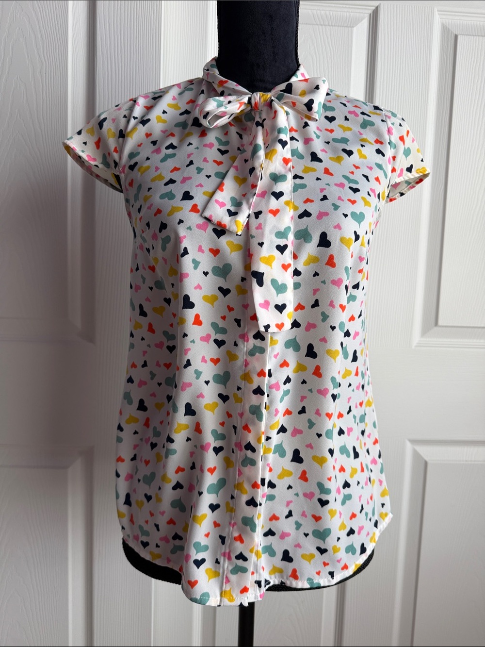 Modcloth White Tie-Neck Blouse with Multicolor Heart Print